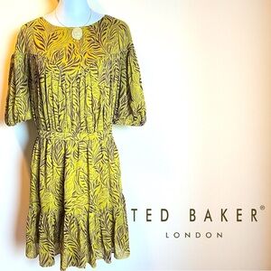 TED BAKER LONDON Mairley Printed Midi Dress - Chartreuse Botanical Print Sz 4